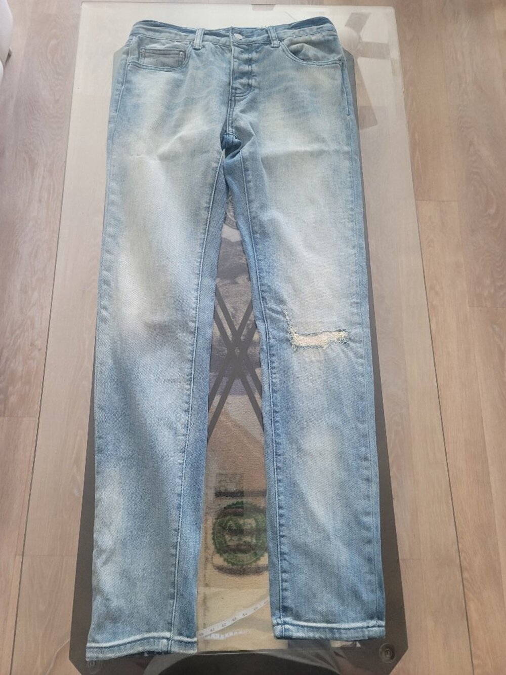 MNML Men's Distressed Light Slim Straight Denim Jeans Button Fly Size 30x32